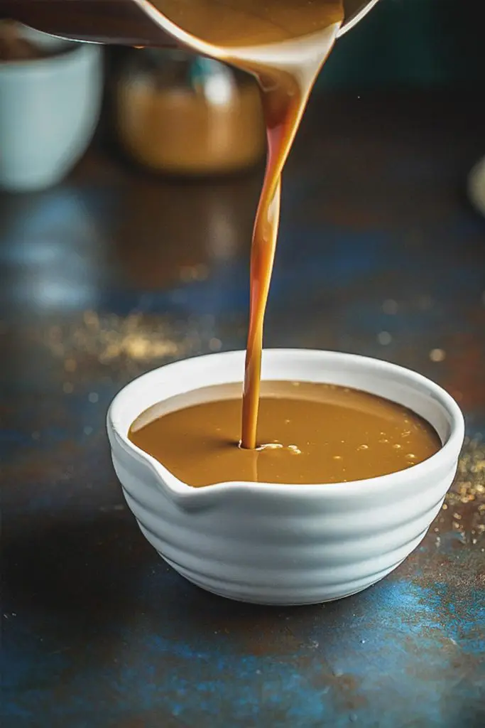 Action shot of coconut milk caramel being poured in to a bowl