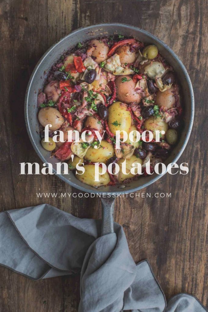 With artichokes, olives and roast peppers these vegan Fancy Poor Man's Potatoes are a flavoursome spin on a traditional Spanish dish | My Goodness Kitchen | Campfire Cooking | Vegan | Easy Dinners
