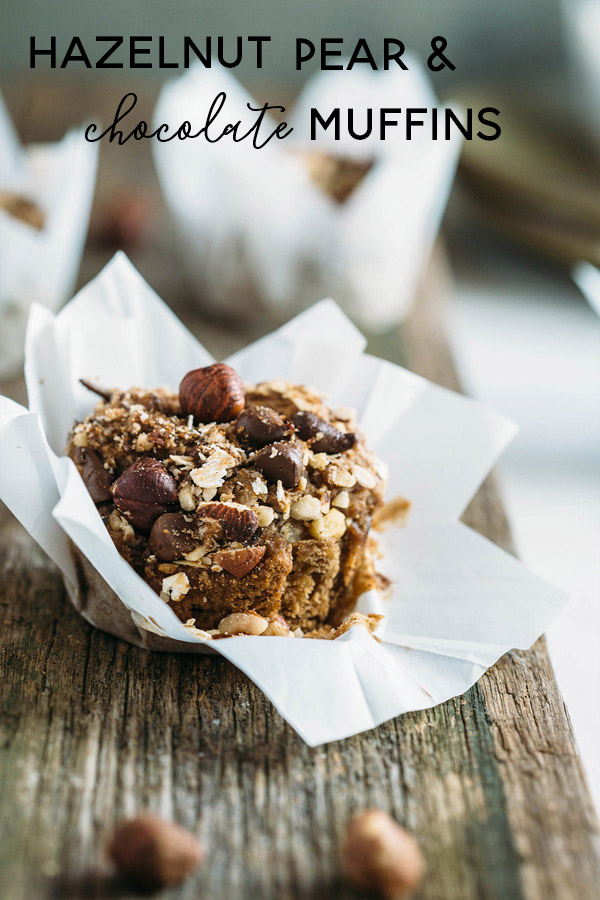 Vegan hazelnut pear and chocolate muffins are sweetened with pears, lavished with dark chocolate buttons & topped with toasted hazelnut chocolate streusel.