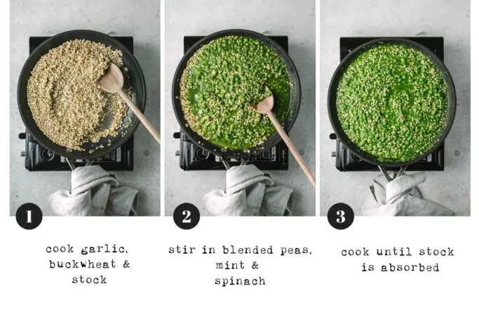 Three images each with a pan of the buckwheat risotto showing the cooking stages of the dish from cooking the buckwheat, stirring in the pea mixture and the finished dish. 