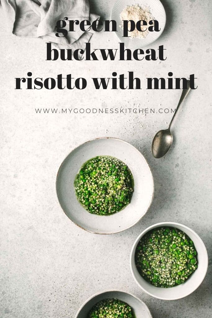 An overhead image of the finished green pea buckwheat risotto served in three white bowls sitting in the bottom right of the image. In the top left corner is a textured napkin and a pinch bowl of pink sea salt. Title text in dark grey.