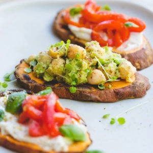 Three serves of savoury sweet potato toast