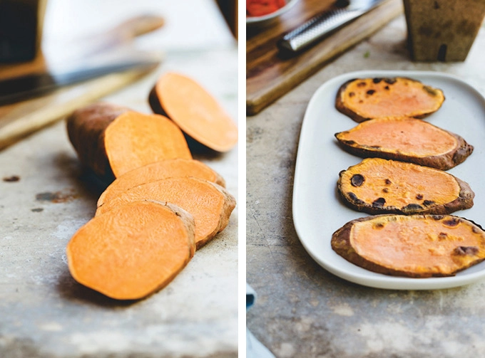 Process image of the sweet potato cut in to "toast" slices with a second image showing the slices after being in the toaster