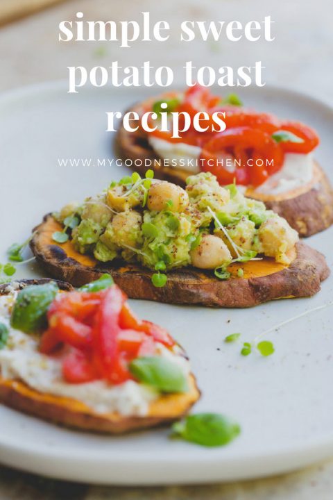 Three serves of savoury sweet potato toast with text