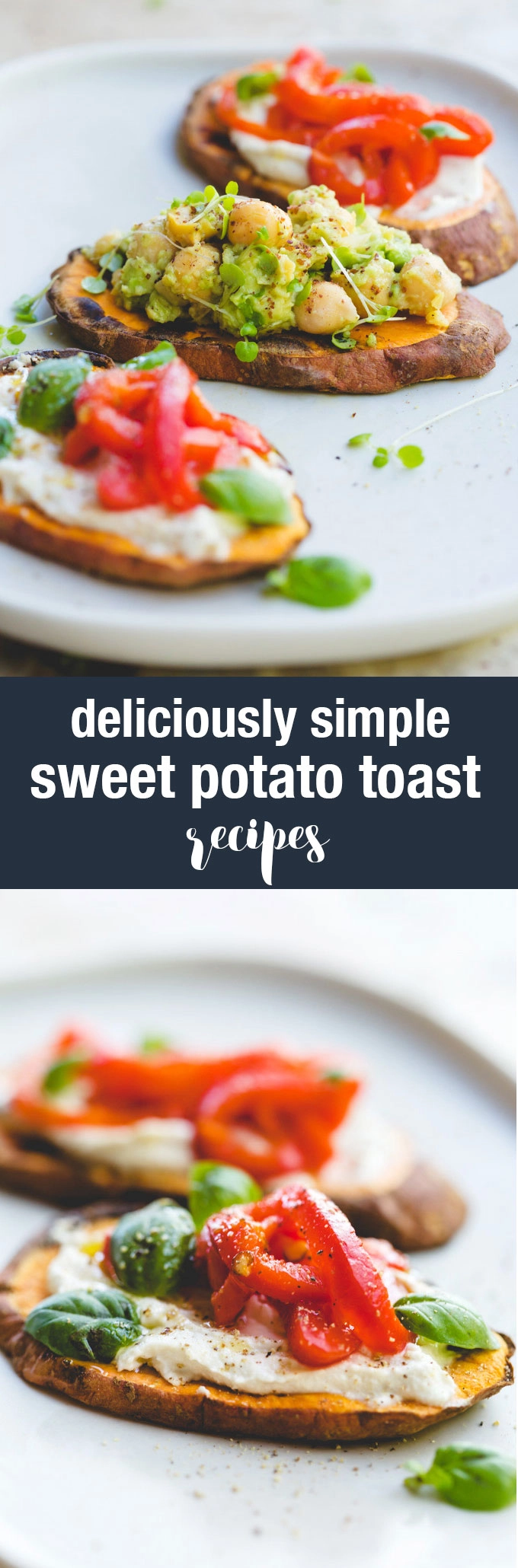 Two images of savoury sweet potato toast with text