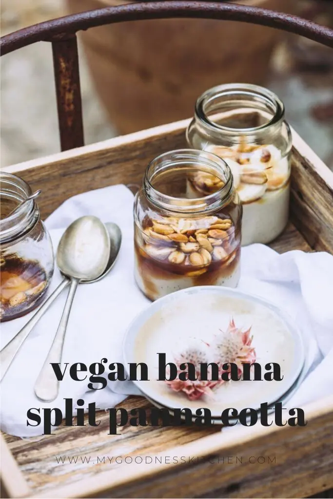 Jars of banana panna cotta with nuts with text