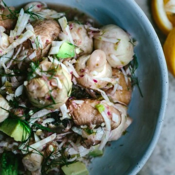 An overhead image of a mushroom salad