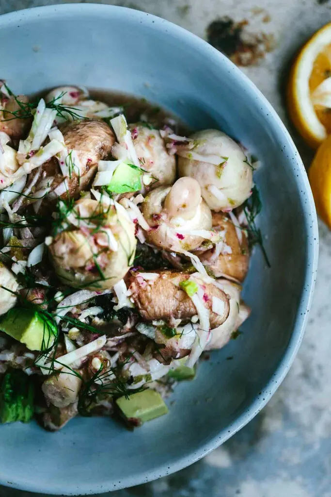 This Mushroom Fennel Ceviche is a vegan version of the traditional Peruvian fish ceviche. With japapeños and lemons, it is a perfect pickled snack or side.