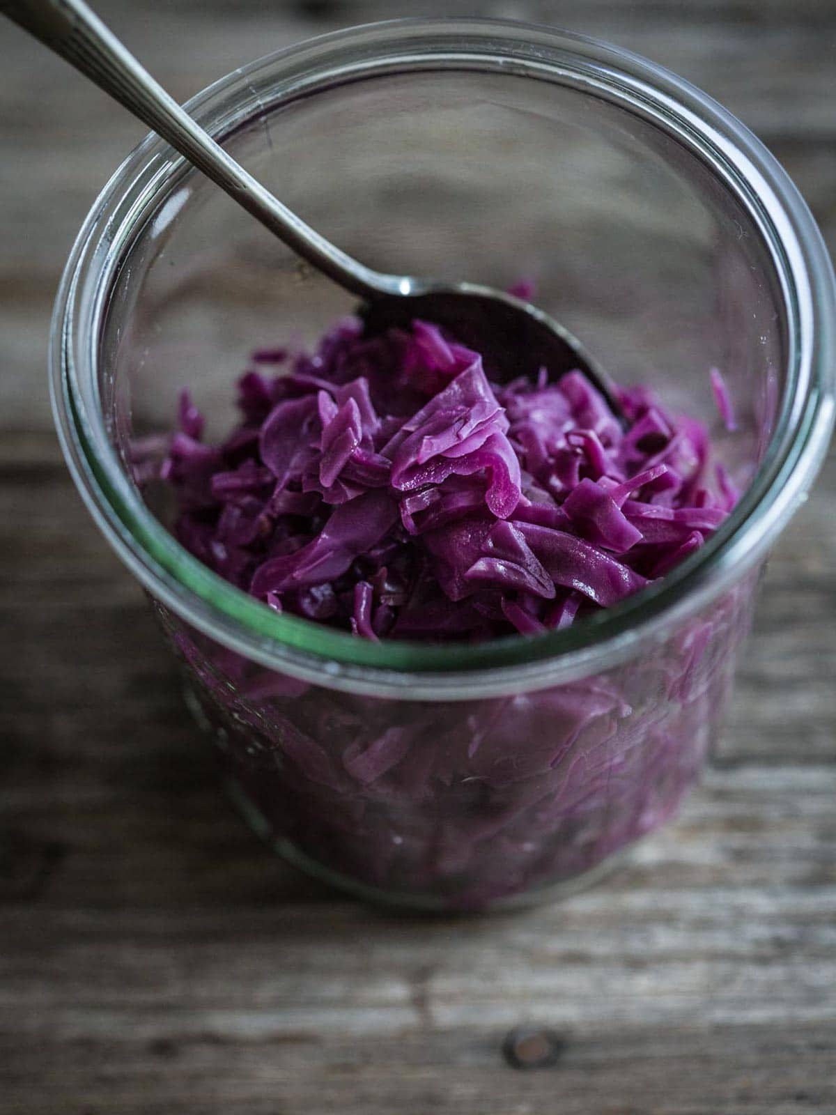 A jar of pickled red cabbage.