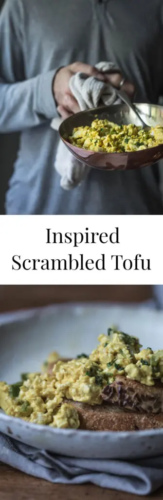 Man holding a skillet of scrambled tofu with text