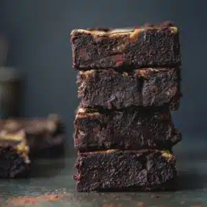 A stack of black bean brownie squares with caramel in front of a blue background.