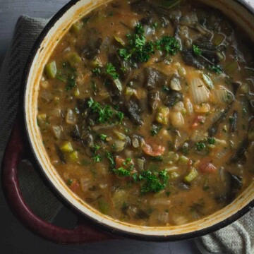 An overhead image of a pot of stew