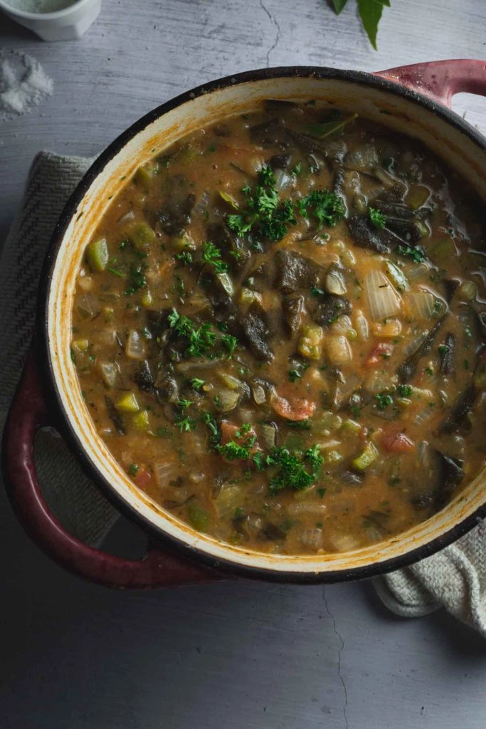 An overhead image of a pot of stew