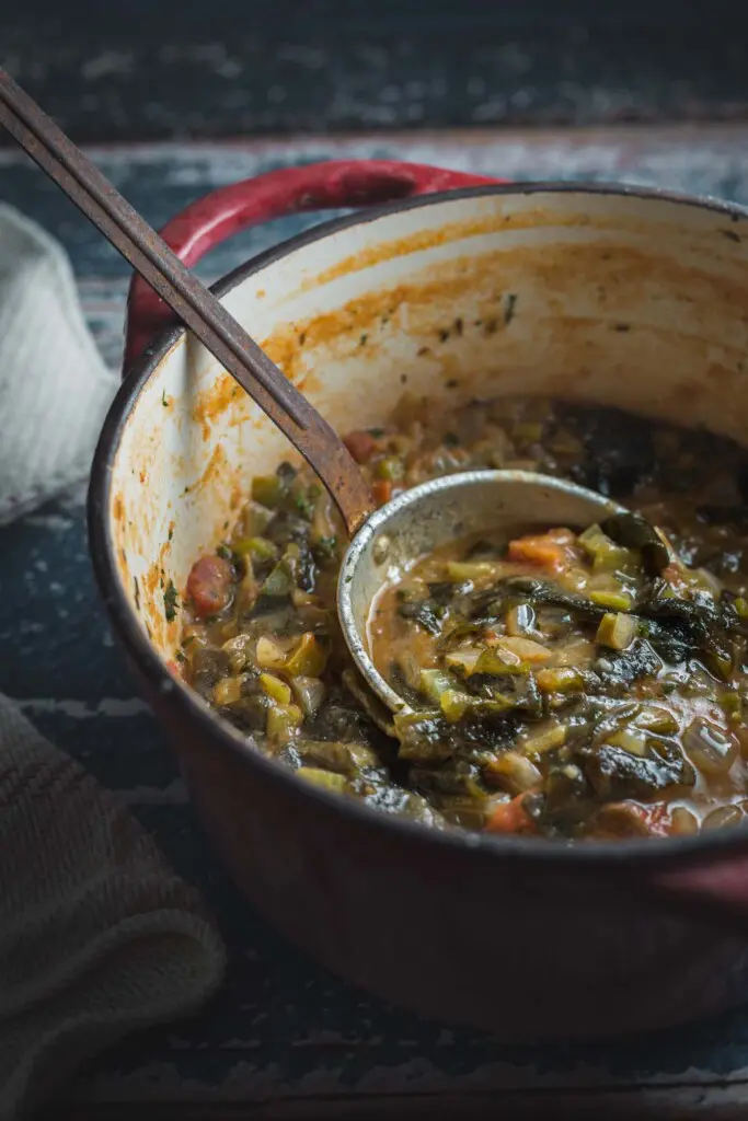 A pot of stew with a ladle