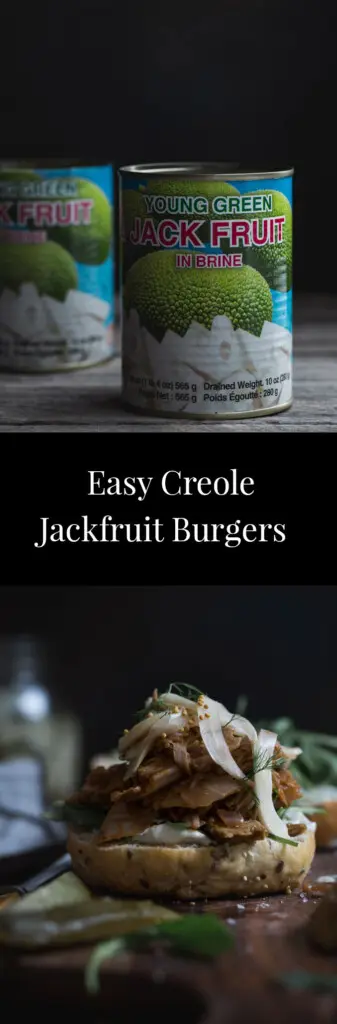 Two images of jackfruit burgers with text. 