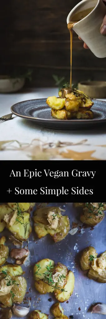 Two images of potato and gravy with text. 