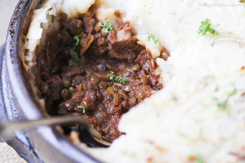 A close-up image of lentil cottage pie