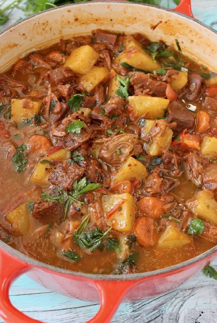 A large pot of vegan potato and jackfruit stew