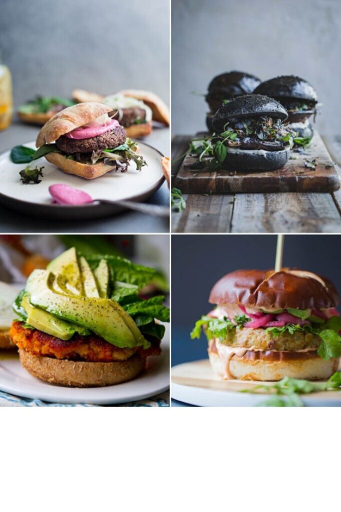 A grid with four different vegan burger images. 