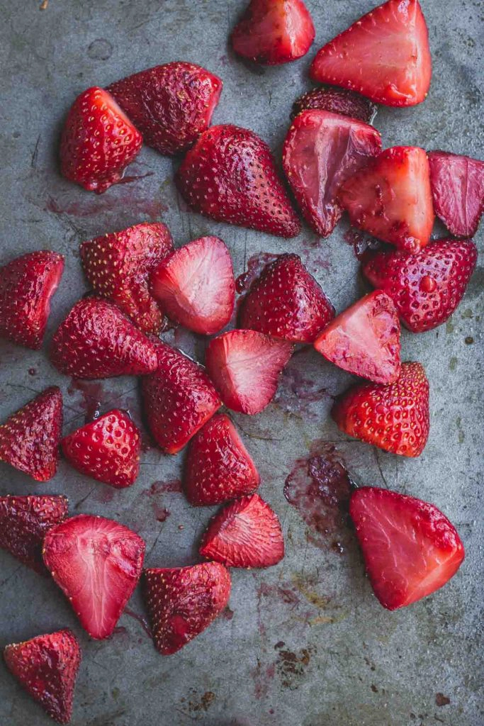 Roasted strawberries on a tray