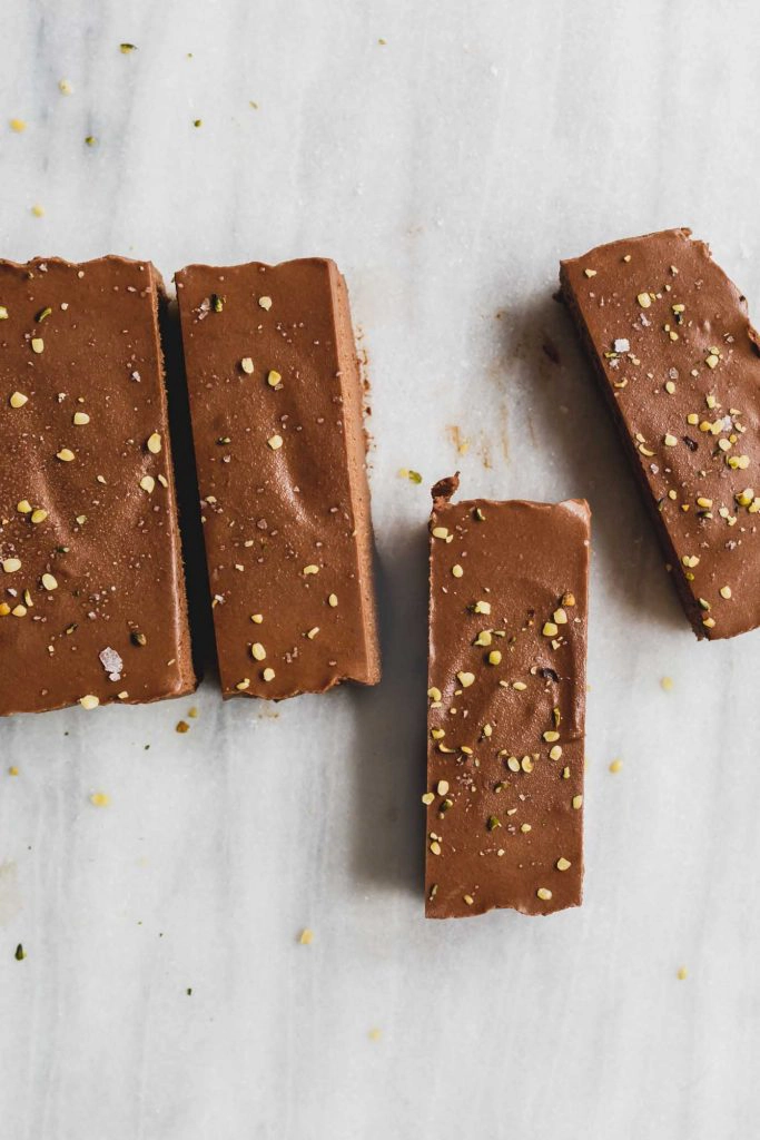 Overhead image of sweet potato chocolate fudge cut in to bars before being cut in to squares