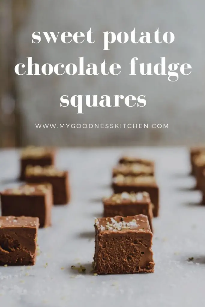 Rows of sweet potato and chocolate fudge cut into squares on a bench with text.