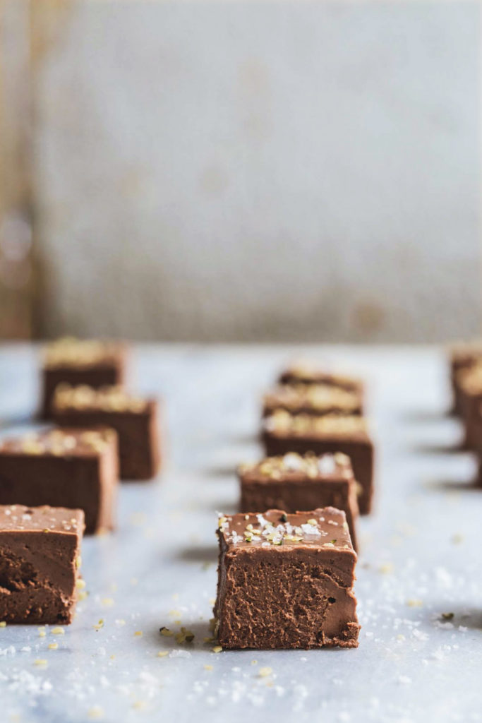 Rows of sweet potato and chocolate fudge squares  on a bench
