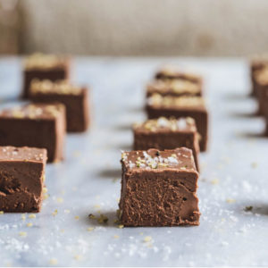 Rows of sweet potato and chocolate fudge on a bench