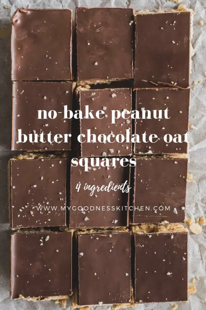 flat lay image of no-cook peanut butter chocolate oat squares with text overlay