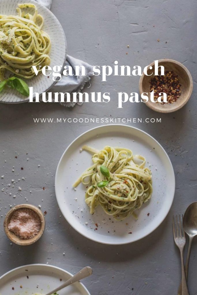 This spinach hummus pasta recipe is quick, tasty and loaded with iron-rich spinach and protein powerhouse chickpeas | my goodness kitchen | quick vegan dinner