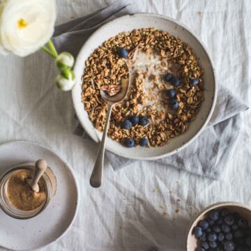 Inspired by Purely Elizabeth's granola, this homemade almond butter maple granola is deliciously moreish being a little salty and a little sweet.