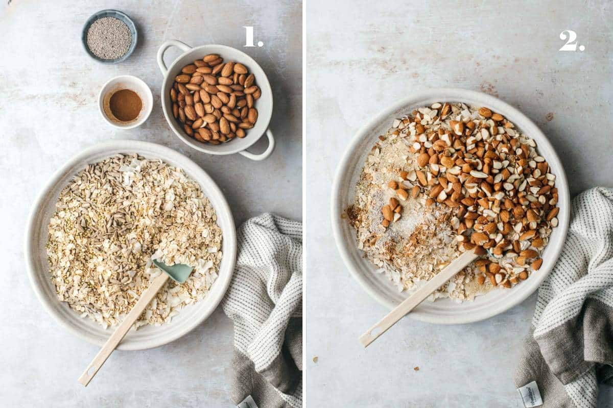 Two food images with granola ingredients  mixed in a bowl. 
