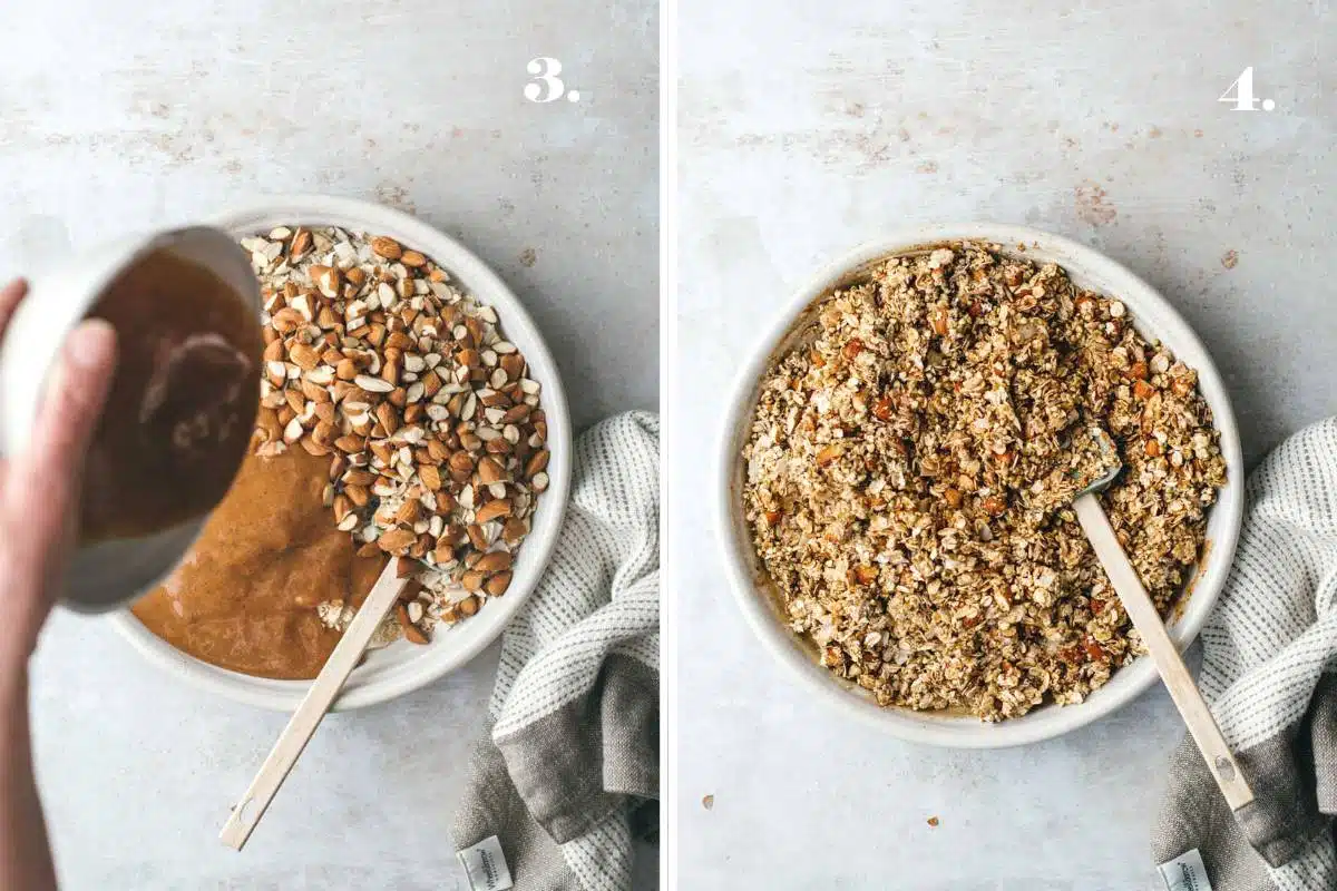 Two food images with almond butter and maple mixed into granola. 