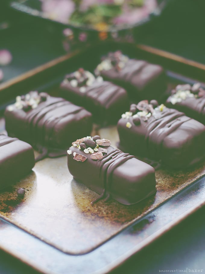 Elegant chocolate bars on a tray. 