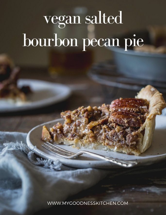 Close-up image of gooey vegan pecan pie with recipe title text