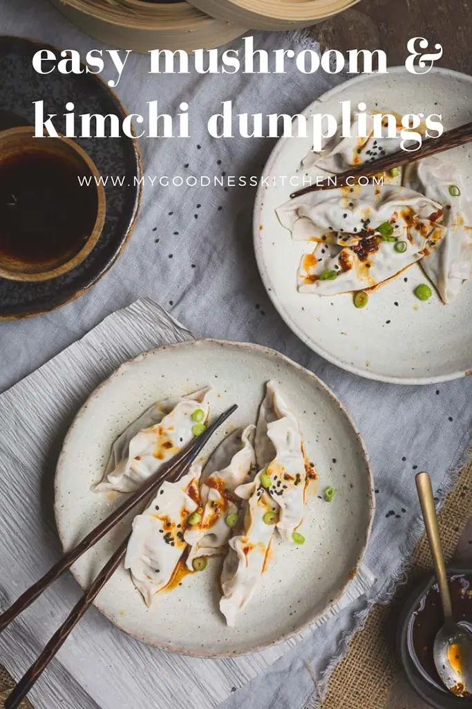 overhead image of two bowls of mushroom and kimchi dumplings on a table setting