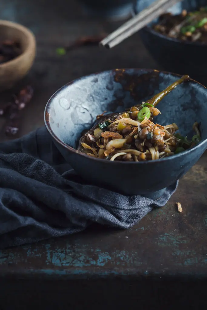 A small serving bowl of eggplant stirfy