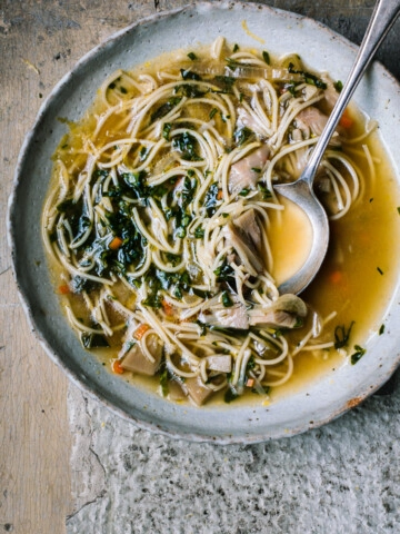 A close up of vegan chicken noodle soup