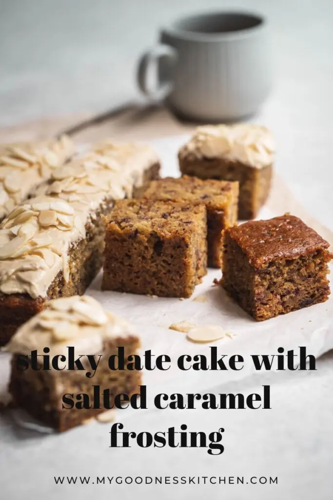 Slices of sticky date cake on a table