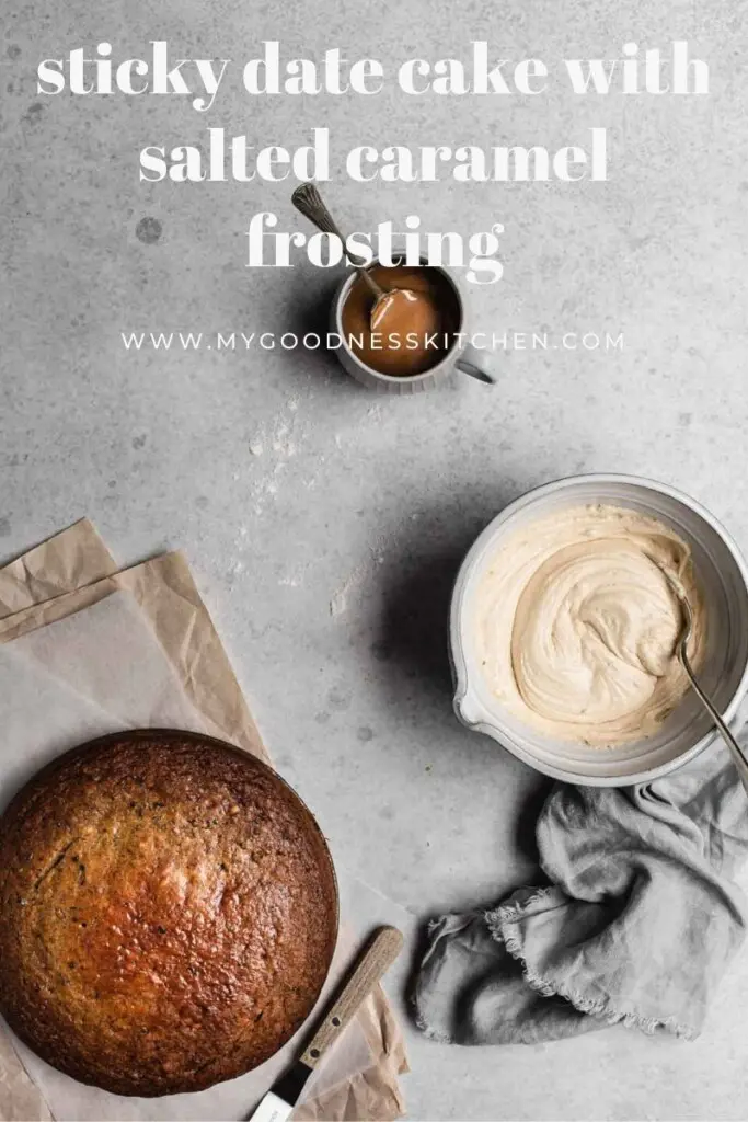 An overhead image of the freshly baked cake, the salted caramel frosting in a bowl and a cup of salted caramel. The cake is ready to decorate. Title text in white.