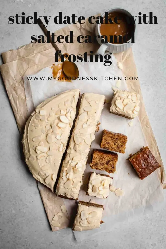 An overhead shot of a frosted round sticky date cake partially cut in to squares sitting on textured baking paper. Only half the cake is cut and some of the squares are sitting sideways to show the texture of the finished cake. A cup of salted caramel with a spoon sits to the top of the frame. Title text in dark grey.