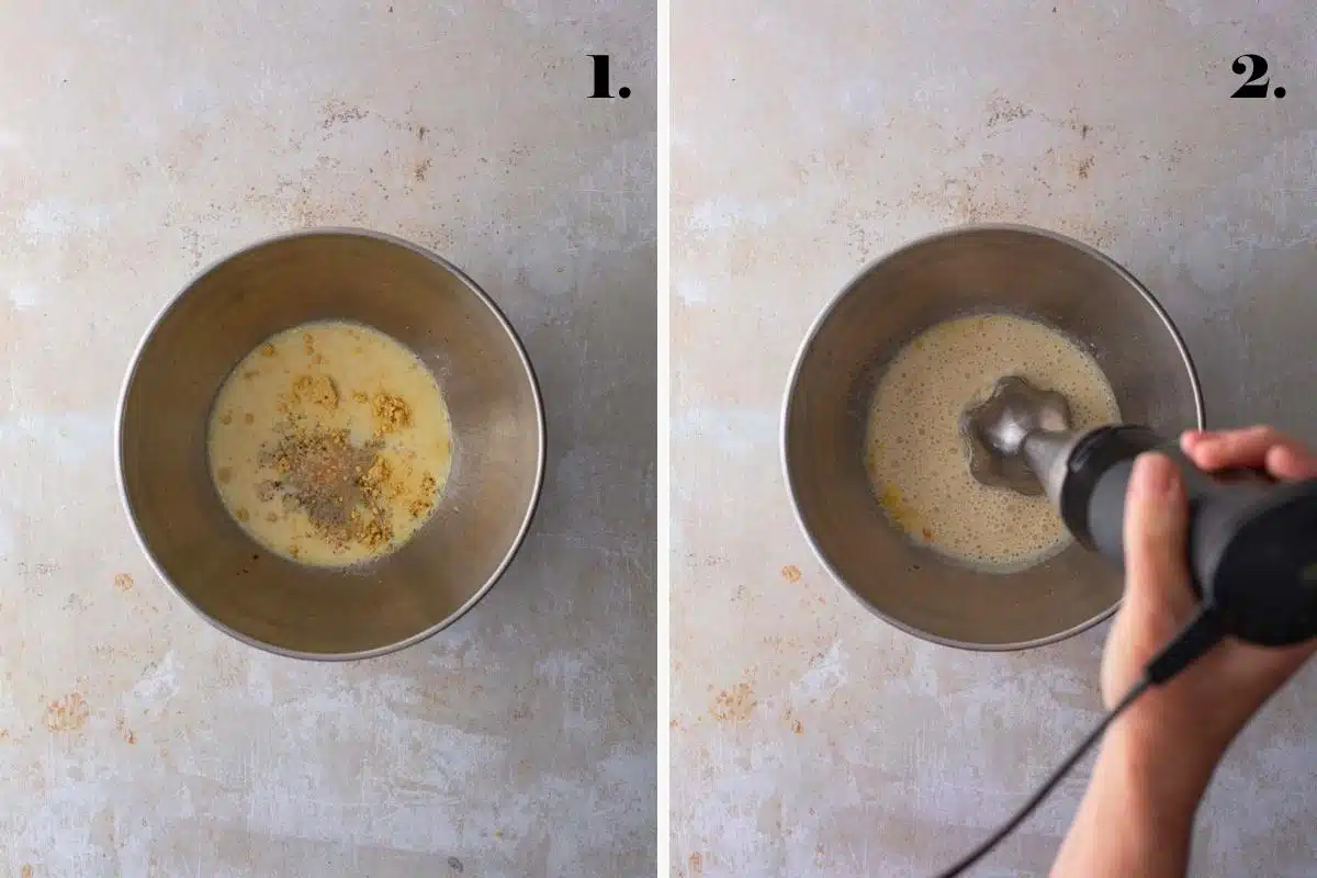 Two images showing plant-based mayonnaise ingredients in a bowl and again being blended.
