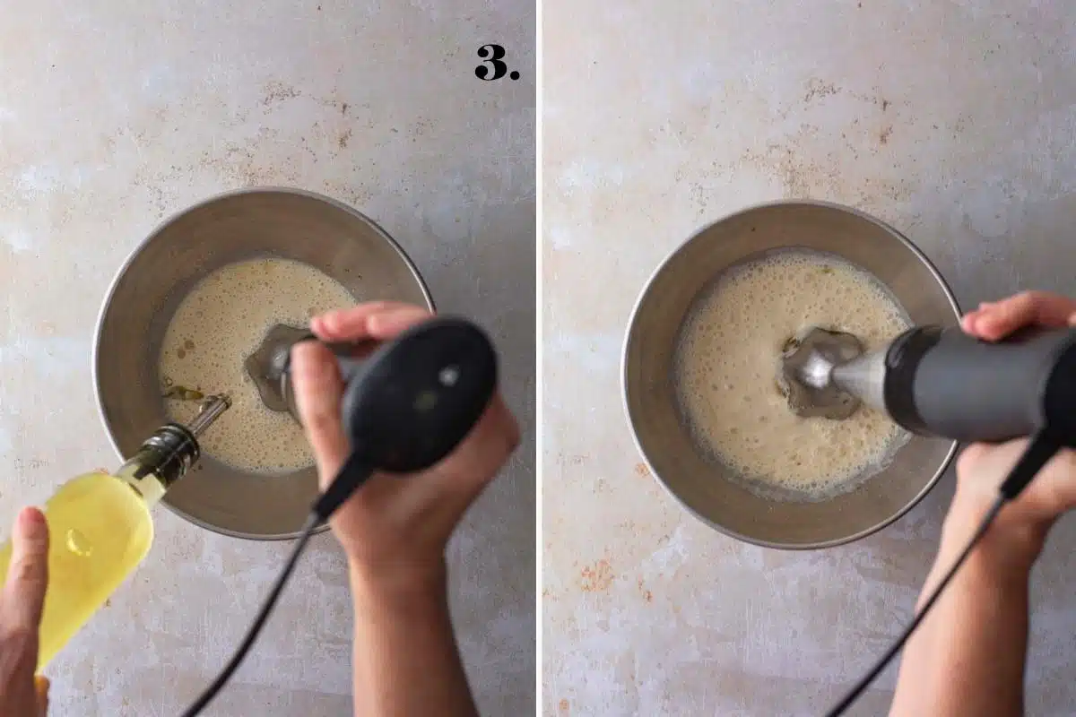 Two images showing oil being blended into plant-based mayo at different stages.