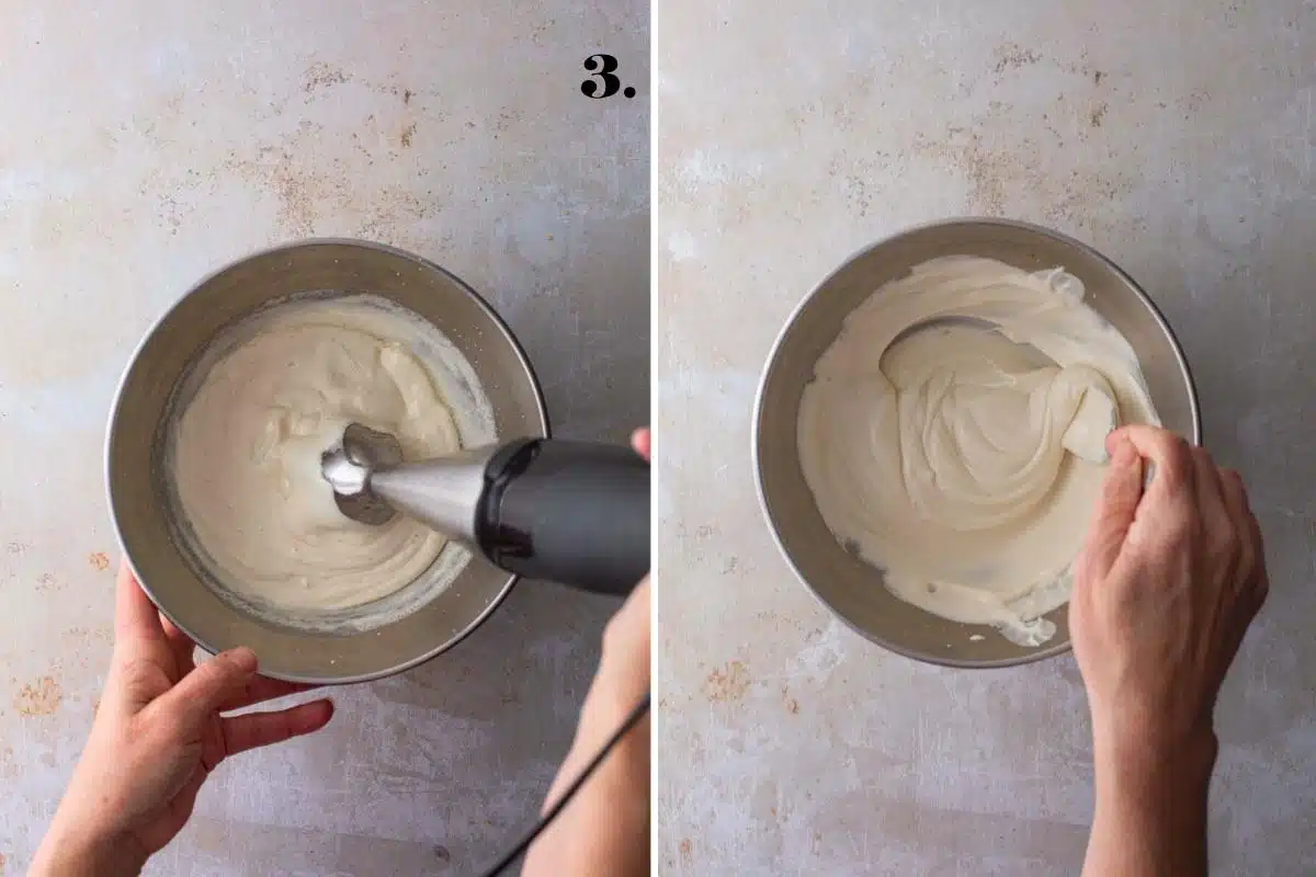 Two images showing vegan mayonnaise in the final stages of blending.