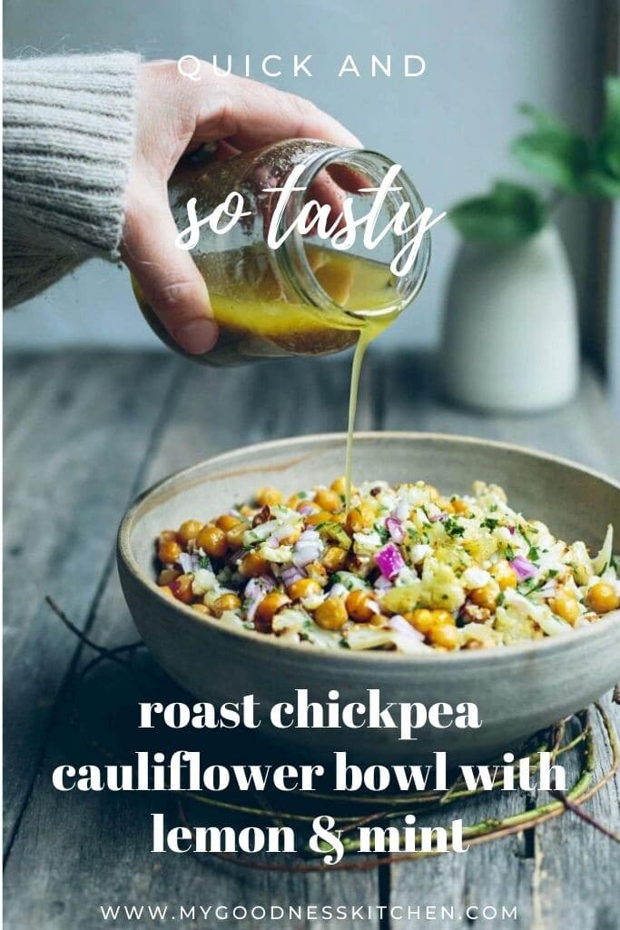 An image of a woman pouring dressing on a chickpea salad with text