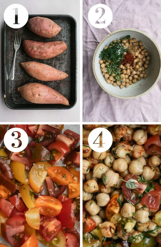 Four images showing steps 1 to 4 of the cooking process from baking the potatoes to mixing the chickpea filling.