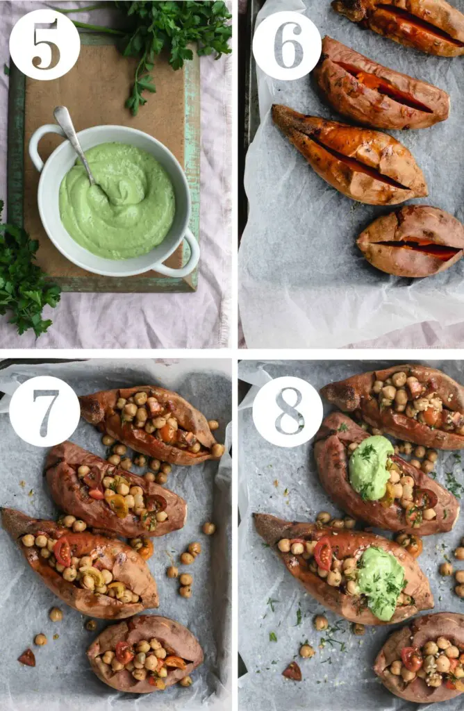 Four images showing steps 5 to 8 of the cooking process including the finished avocado tahini sauce through to the completed dish. 
