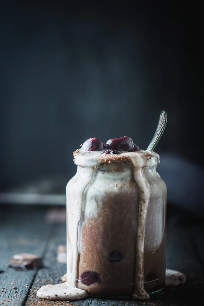 Front on image of a jar of Black Forest Shake