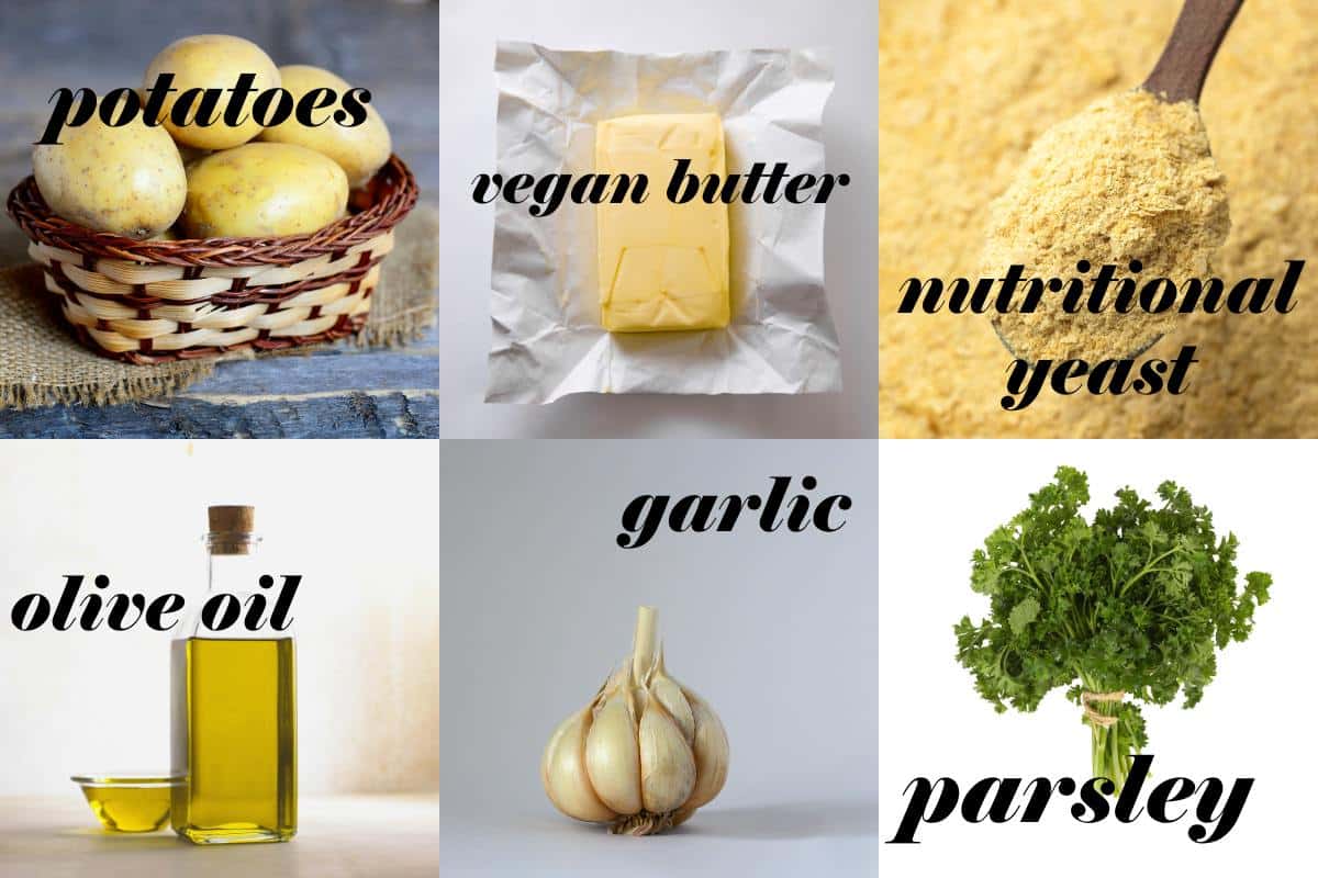 Smashed potato ingredients in a grid with labels.