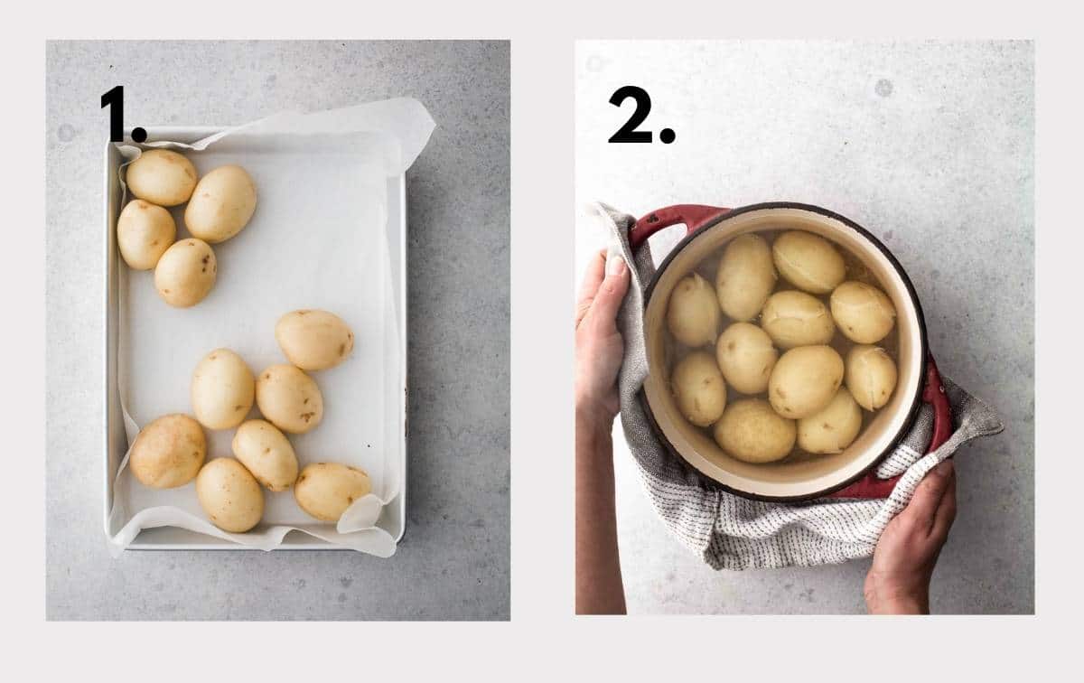 Two images with washed potatoes and potatoes in a pot.
